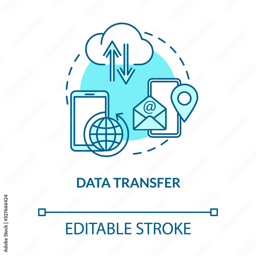 Poster data transfer turquoise concept icon. upload info online. mail exchange. connect with smartphone. ro