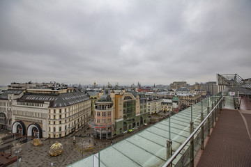 City landscape in cloudy weather from the observation deck of the Children's World Mall. Moscow, Russia