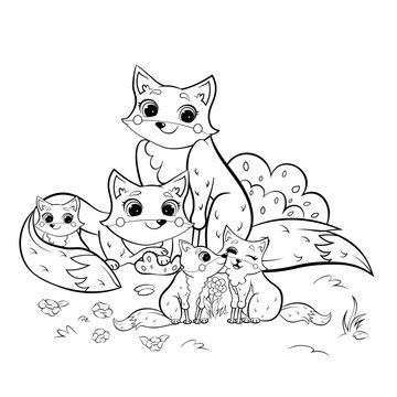 Cute cartoon wild fox family vector coloring page outline. Male and female foxes with their pups. Coloring book of forest animals for kids. Isolated on white background