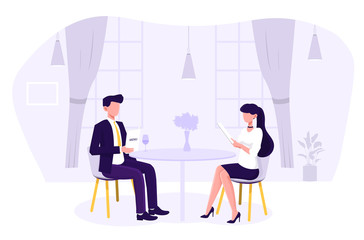 Couple eating in an upmarket restaurant seated at a table looking at the menu before ordering, vector illustration