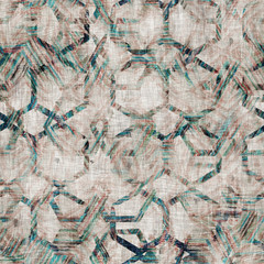 Seamless mixed media collage design in old aged worn look. Geo hexagon design overlaid, mottled, and distressed on fabric texture. Seamless repeat raster jpg pattern swatch.