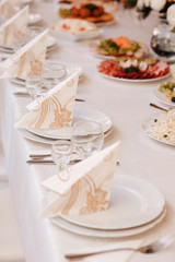  Food Table Celebration Delicious Party Meal Concept. A lot of food. Served for wedding, anniversary, other holiday. Banquet dishes in the restaurant