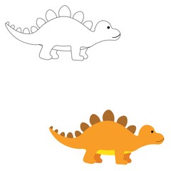 Cute dinosaur outline and in color isolated on a white background. Jurassic animals. Stock vector illustration for decoration and design, children's books and coloring books, stickers, fabrics