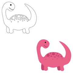 Joyful dinosaur in color and outline isolated on white background. Jurassic period. Stock vector illustration for decoration and design, postcards, fabrics, packaging, coloring, children's textiles