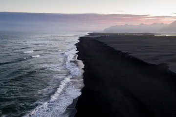 Scenery aerial view of sea waves at black sand beach, Iceland