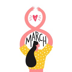 Isolated on white background vector illustration with woman and lettering text. 8 march inspirational women's day greeting card template,