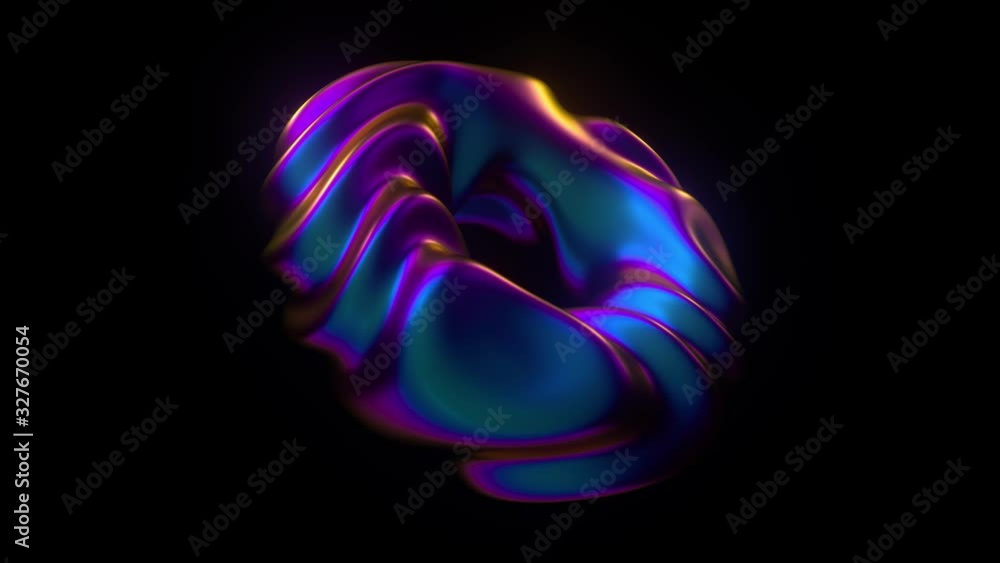 Poster futuristic iridescent shape. abstract background. holographic neon torus with wavy ripples. motion d