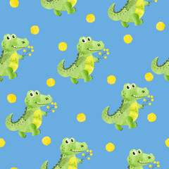 Seamless pattern with cute watercolor crocodiles for kids.
