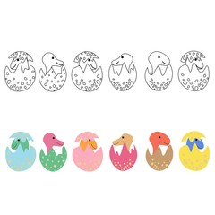 Set of cute hatched dinosaurs in eggs in color and outline isolated on a white background. Jurassic period. Stock vector illustration for decoration and design, postcards, fabrics, packaging, coloring