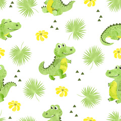 Seamless cartoon crocodiles pattern. Vector watercolor illustration with alligators and palm leaves.