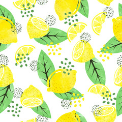 Seamless watercolor lemon pattern with fruits and leaves.	