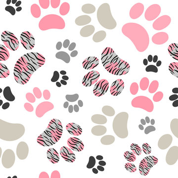 Seamless cats paws pattern with tiger print for kids design.