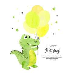 Birthday card design. Cute watercolor crocodile with balloons.