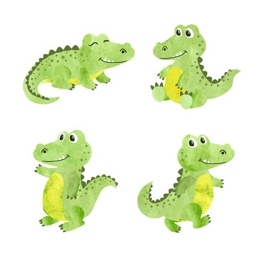Set of watercolor cartoon crocodiles. Vector illustration of alligators.	