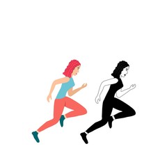 Fototapeta na wymiar Running funny girl isolated on a white background. Silhouette of a female sprinter. Runners in motion. Preparing for the marathon. Jogging. Sportswomen in a flat style. Stock vector illustration