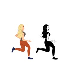 Fototapeta na wymiar Running blonde girl isolated on a white background. Silhouette of a female sprinter. Runners in motion. Preparing for the marathon. Jogging. Sportswomen in a flat style. Stock vector illustration 