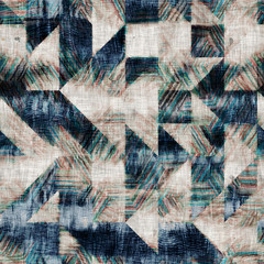 Seamless mixed media collage design in old aged worn look. Geometric mosiac design overlaid, mottled, and distressed on fabric texture. Seamless repeat raster jpg pattern swatch.