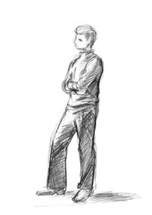 A rough sketch of a standing young guy in clothes, arms crossed. Pencil drawing on white paper.