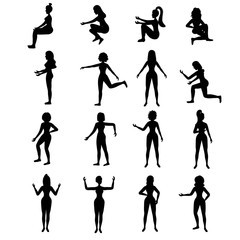 Set of slim, strong and beautiful girls in different poses for work in black in outline. Stock vector illustration for decoration and design, web pages, cards, banners, magazines, posters, textiles.