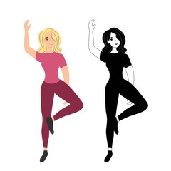 Cute young girl dancing with raised leg and arm isolated on a white background. Women's club of dancers. Jump up. Disco dancing at a music party. Happy man on the positive. Stock vector illustration