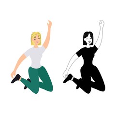 Young dancing girl isolated on a white background. Female club dancers. Jumping up. Disco dancing at a music party. Happy man on the positive. Stock vector illustration for design.