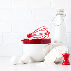 Baking background.Kitchen utensils .ancake Products.