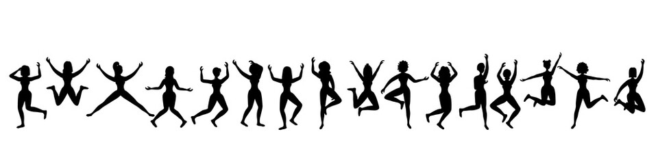 Plakat Silhouette of young and dancing cheerful girls in different poses isolated on a white background. Women with different hair colors and hairstyles. Jumping up. Stock vector illustration for design 