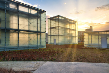 Katowice, 1 March 2020, Poland, Silesian Museum in Katowice and mining shaft. Glass applications of...