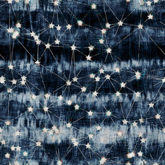 Seamless mixed media collage design in old aged worn look. Connected start network design overlaid, mottled, and distressed on fabric texture. Seamless repeat raster jpg pattern swatch.