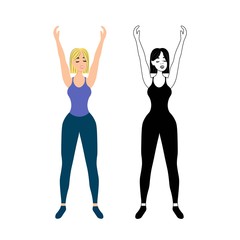 Women's yoga. Young girl stands with hands up and eyes closed isolated on a white background. The practice of yoga, asanas. A woman goes in for sports. Happy man on the positive. Vector illustration