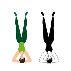 Female yoga. Young girl meditates isolated on a white background. Headstand. The practice of yoga, asanas. A woman goes in for sports. Happy man on the positive. Stock vector illustration for design.