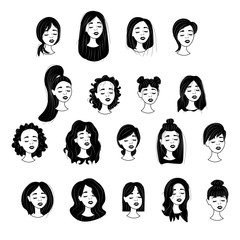 Set of beautiful abstract female portraits isolated on white background. Faces of young women, front view, happy smile, outline. Stock vector illustration for decoration and design, web pages, cards 