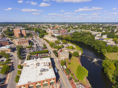 Pawtucket city hall on Roosevelt Avenue, William E Tolman High School and Blackstone River aerial view in downtown Pawtucket, Rhode Island RI, USA.