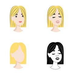 Set of abstract female portraits, face of a young woman, front view, blond hair, bob, happy smile, outline. Stock vector illustration for decoration and design, web pages, postcards, banner, packaging