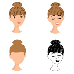 Set of abstract female portraits, face of a young woman, front view, hairstyle, bagel on her head, happy smile, outline. Stock vector illustration for decoration and design, web pages, postcards