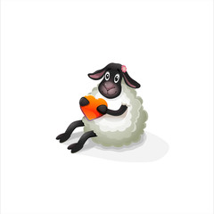 Vector cute cartoon funny sheep with red heart isolated on white sitting on the floor, Icon for congratulations on Valentine's Day, T-shirt and fabric print, big eyes, isolated on white