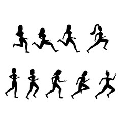 Silhouette of running people isolated on a white background. Athletic lifestyle of a woman. A group of girls at a marathon. Jogging. Man stock vector illustration for decoration and design.