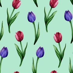 Obraz premium Watercolor hand drawn seamless pattern with colorful tulip flowers on mint background. Delicate botanical pattern for trendy design.
