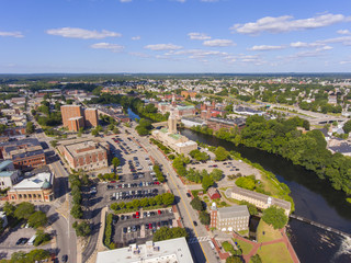 Pawtucket city hall on Roosevelt Avenue, William E Tolman High School and Blackstone River aerial view in downtown Pawtucket, Rhode Island RI, USA.