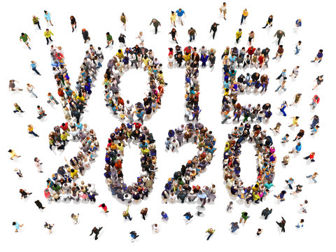 People that are registering and voting in 2020 election concept. Large group of people walking to and forming the shape of the word text vote 2020 on a white isolated background. 3d rendering. 