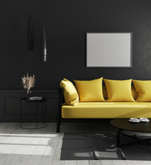 blank horizontal picture frame mock up in modern luxury living room interior with black wall and bright yellow sofa, scandinavian style, 3d illustration