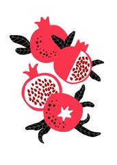 Pomegranate art poster with red fruits, seeds and leaves. Vector drawing. Simple flat illustration. Vector retro