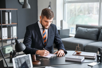 Male lawyer sitting at workplace in office