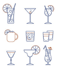 Collection set of icons: various alcohol cocktail glasses high ball martini margarita old fashioned shot Moscow mule mug. For card, poster, invitation, banner or restaurant menu for party event