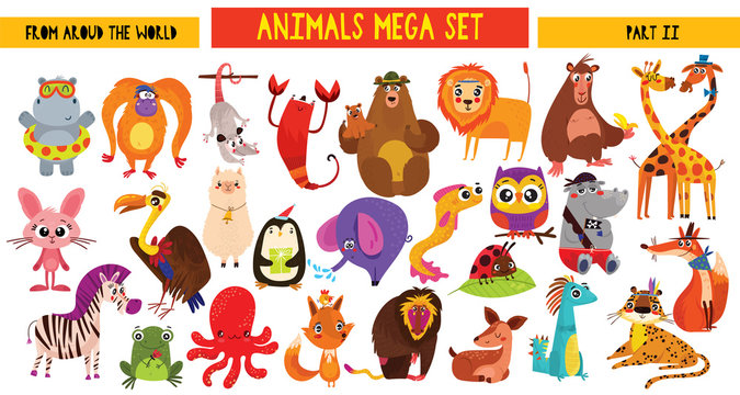 Big collection of cute cartoon animals around the world. Part II. Set of wild and woodland animals characters isolated on white background.