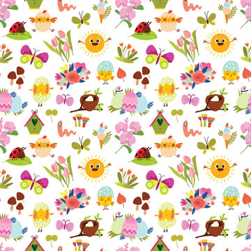 Seamless spring pattern with cute animals and spring elements. Hand drawn texture can be used for Easter, wallpapers, pattern fills, surface textures.