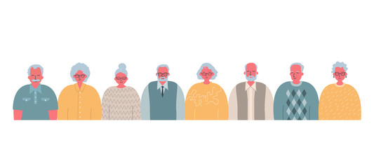 Community of older people. Elderly men and elderly women are standing together. People icons. Vector illustration