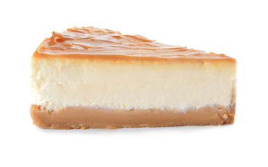 Slice of sweet caramel cheesecake on white background