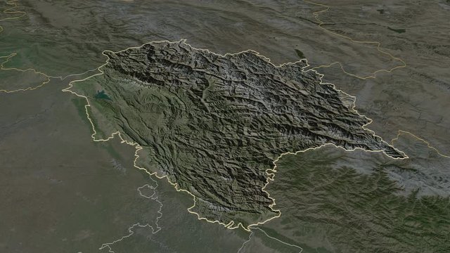 Himachal Pradesh, union territory with its capital, zoomed and extruded on the satellite map of India in the conformal Stereographic projection. Animation 3D