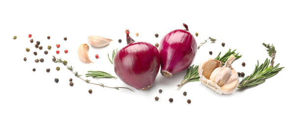 Fresh raw onion and spices on white background - obrazy, fototapety, plakaty
